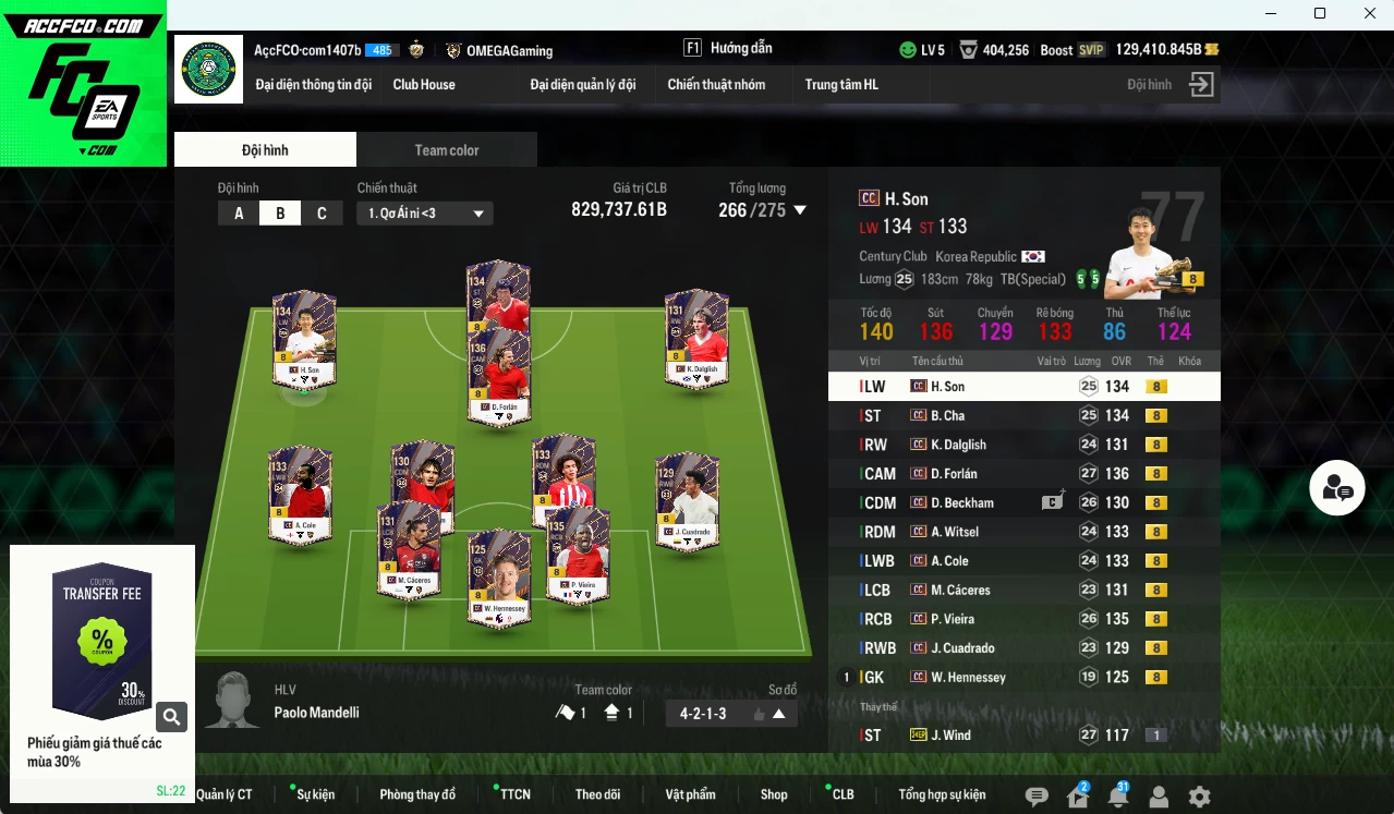 [Dư nhiều BP, ACC Rẻ🔥] Full mùa CC+8 829.730b dư 129.000b có Forlán, Beckham, Vieira, Son, B. Cha, Cáceres, Cole, Dalglish, Witsel, Cuadrado mùa CC+8. Full đào tạo chiến thuật, HLV Xịn